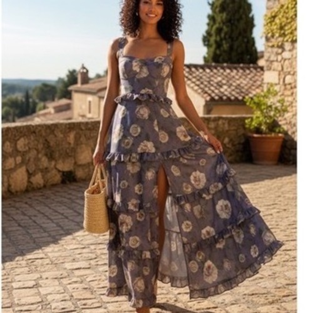 Petal & Pup Lillee Floral Tiered Maxi 
Sweetheart Neckline Purple Rose Print